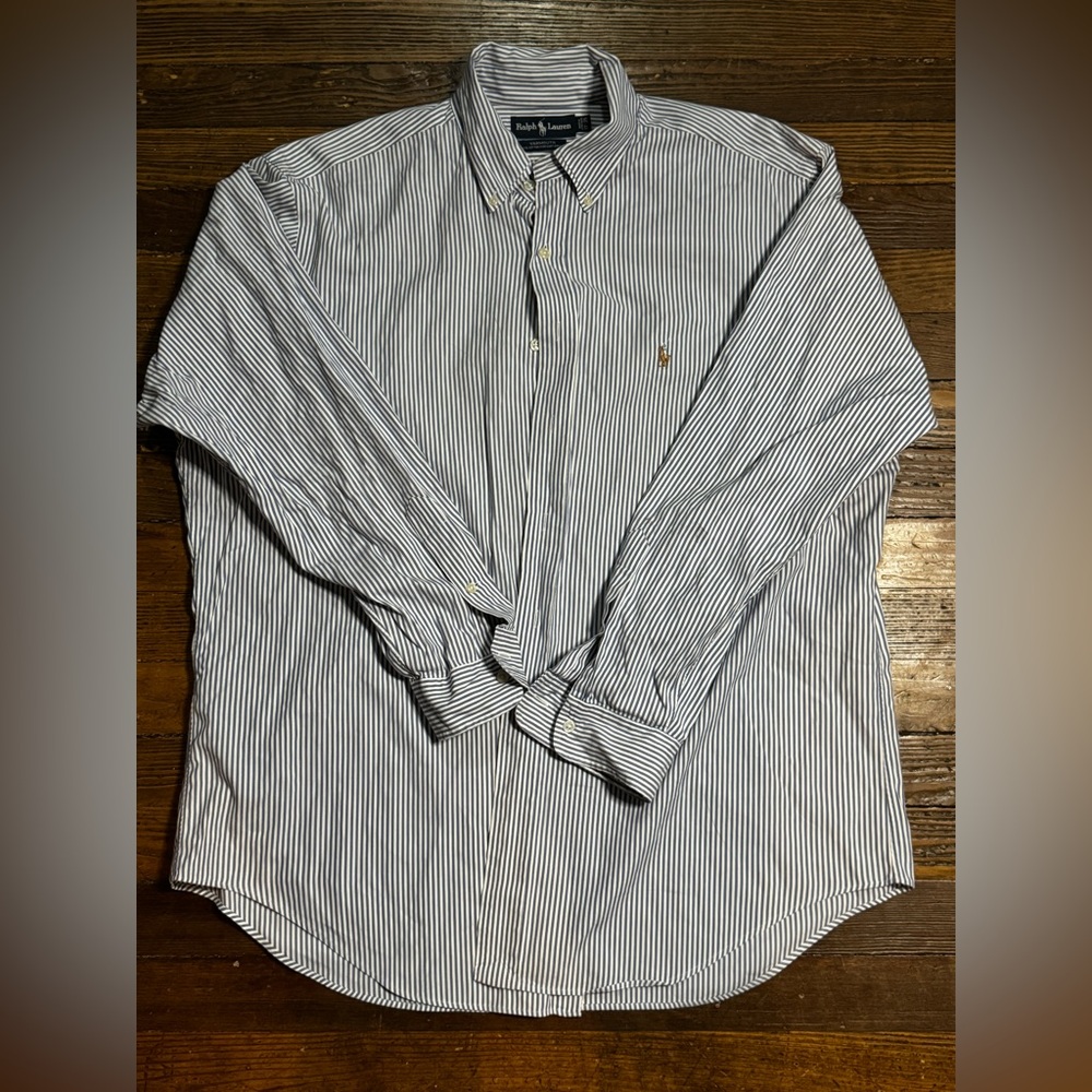 Ralph Lauren Shirt Mens 17-35 Blue Stripe Button Cotton Long Sleeve Yarmouth